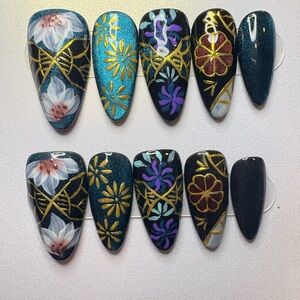 Hand-Painted Floral & Gold Stiletto Nail Set — Teal, Black, Purple Accents